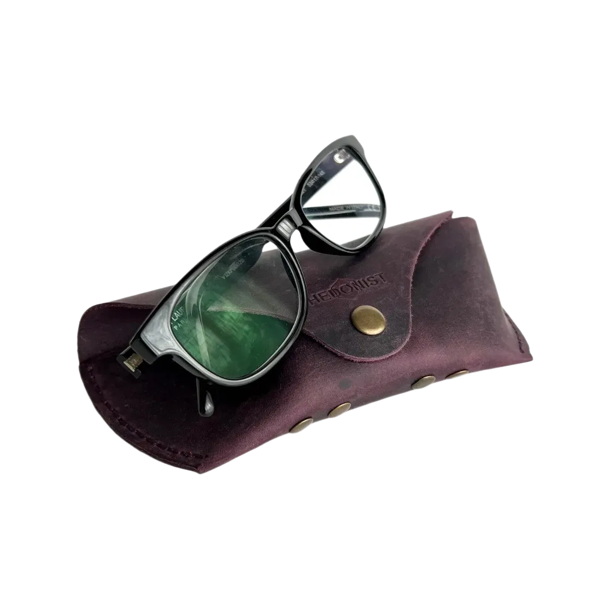 Soft Leather Eye Glasses Case in Plum with tinted-lens eyeglasses resting on top