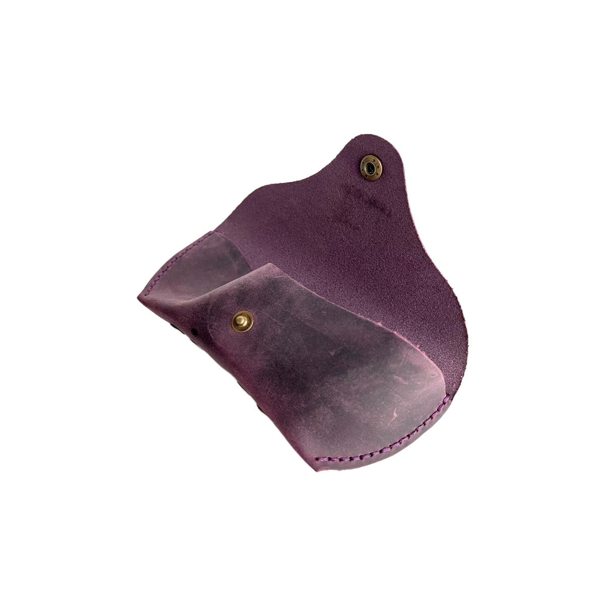 Soft Leather Eye Glasses Case in Plum, open, angled top view showing suede interior