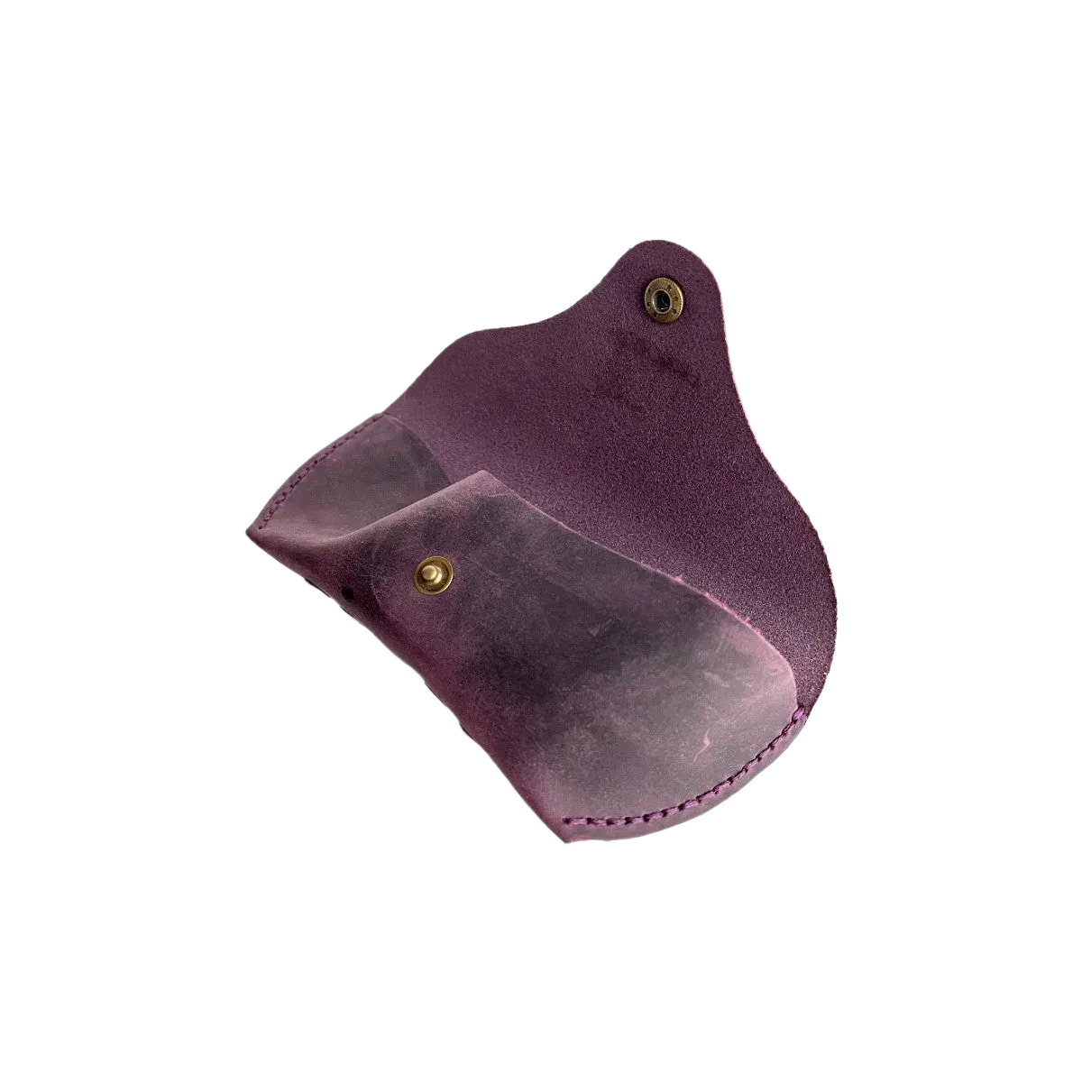 Soft Leather Eye Glasses Case in Plum, open, angled top view showing suede interior