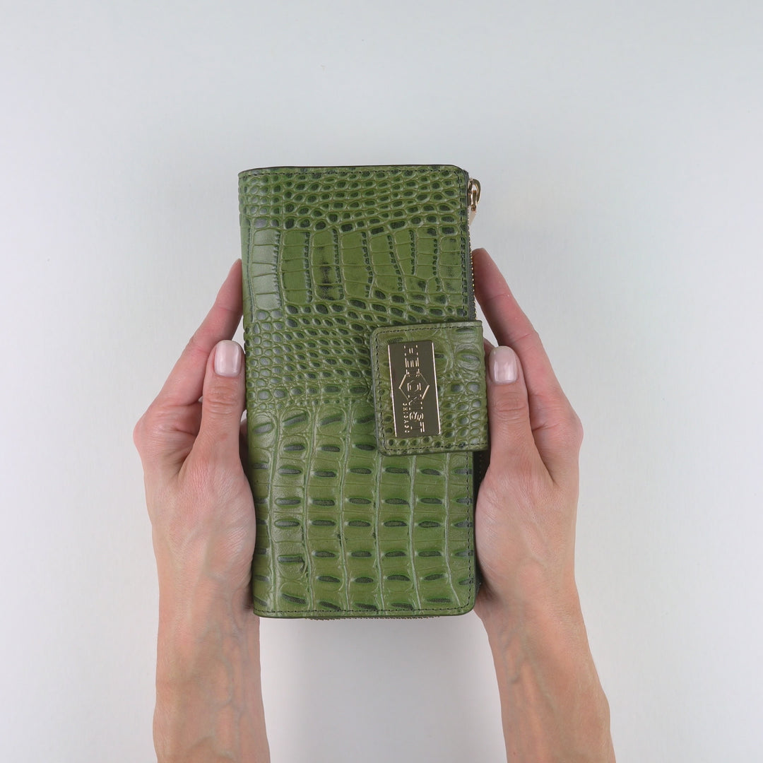 Traveler Green Croc-Embossed Leather Wallet for Women Video | Hedonist Chicago