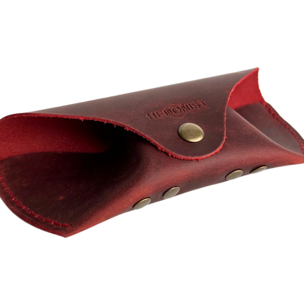 Soft Leather Eye Glasses Case in Red, open, showing the suede-lined interior
