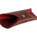 Soft Leather Eye Glasses Case in Red, open, showing the suede-lined interior