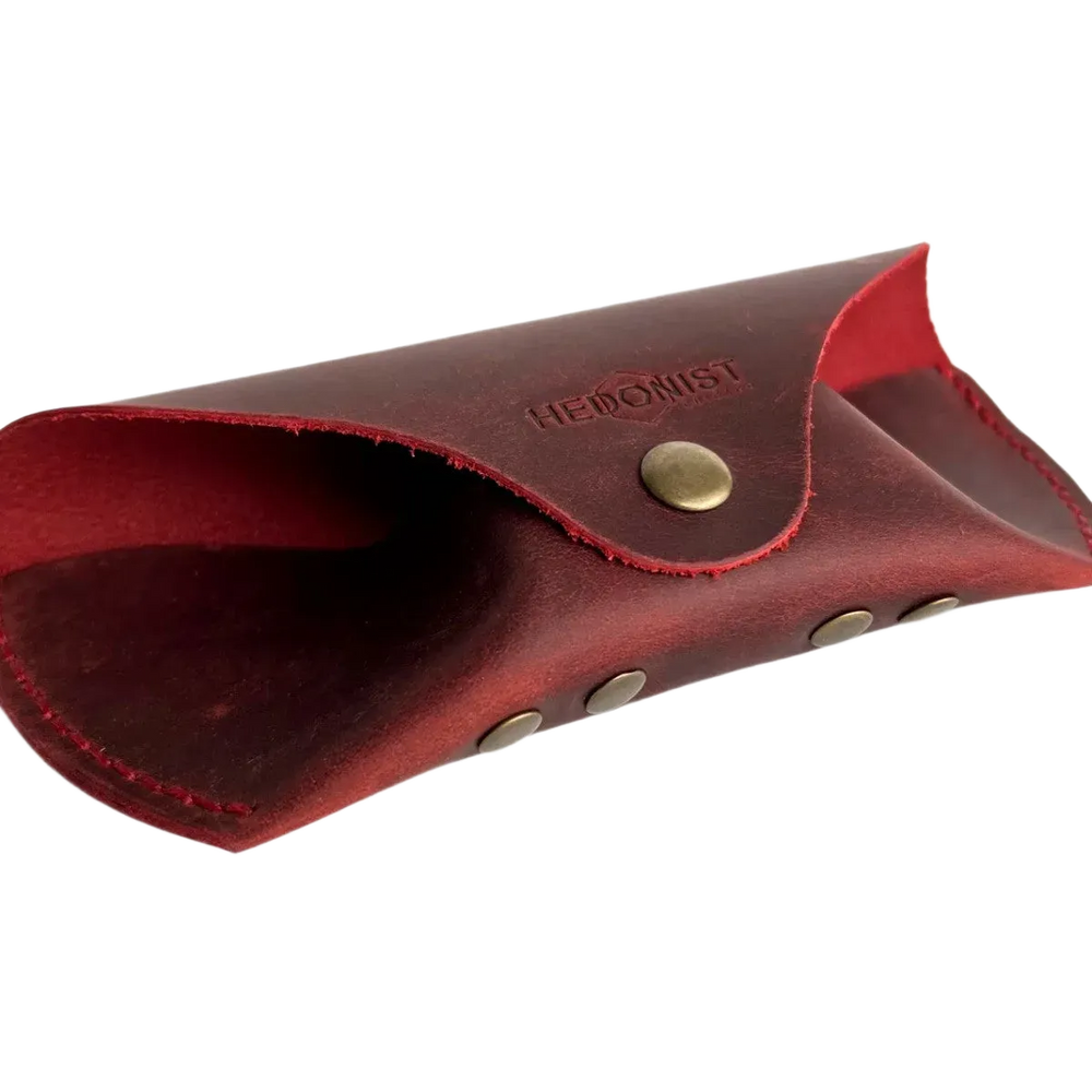 Soft Leather Eye Glasses Case in Red, open, showing the suede-lined interior