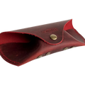 Soft Leather Eye Glasses Case in Red, open, showing the suede-lined interior