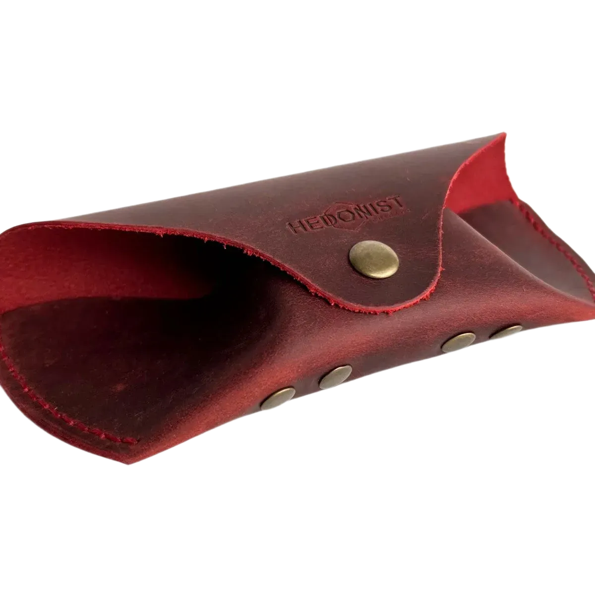Soft Leather Eye Glasses Case in Red, open, showing the suede-lined interior
