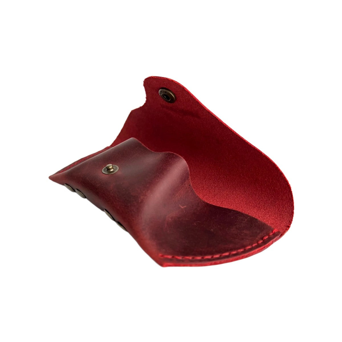 Soft Leather Eye Glasses Case in Red, open, angled view showing interior and side rivets