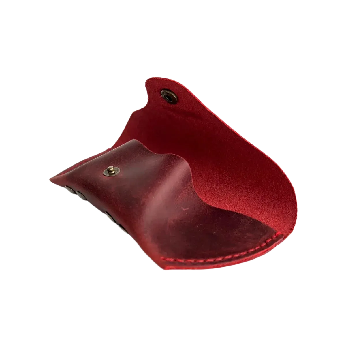 Soft Leather Eye Glasses Case in Red, open, angled view showing interior and side rivets