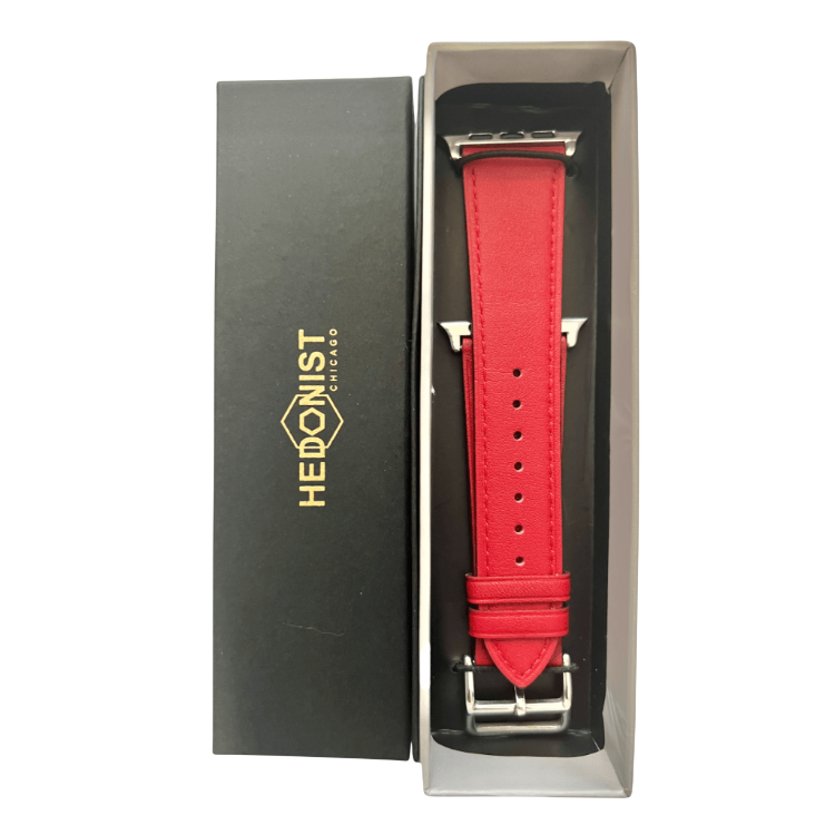 Red leather Apple Watch band, presented in gift box