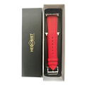 Red leather Apple Watch band, presented in gift box