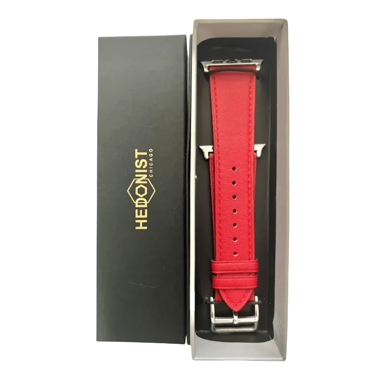 Red leather Apple Watch band, presented in gift box