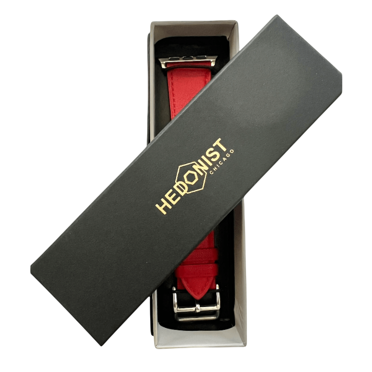 Red leather Apple Watch band, packaging close-up