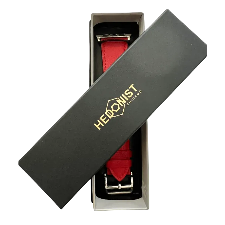 Red leather Apple Watch band, packaging close-up