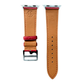 Red leather Apple Watch band, side view with stainless steel lugs