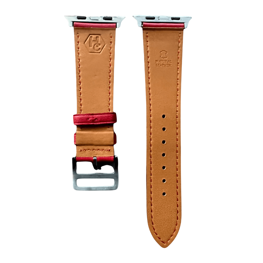 Red leather Apple Watch band, side view with stainless steel lugs