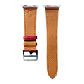 Red leather Apple Watch band, side view with stainless steel lugs