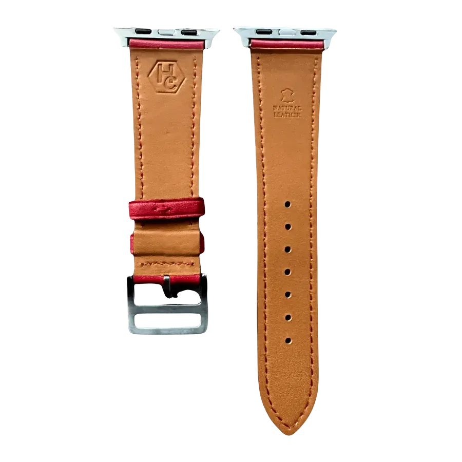 Red leather Apple Watch band, side view with stainless steel lugs