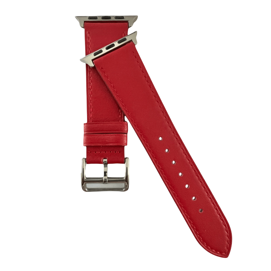 Red leather Apple Watch band, connector and stitching detail