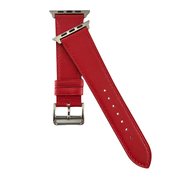 Red leather Apple Watch band, connector and stitching detail