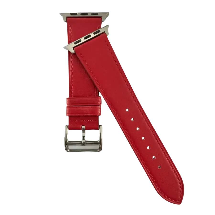 Red leather Apple Watch band, connector and stitching detail