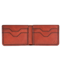 Handmade red brick leather bifold wallet, 4 card slots, open showing cards
