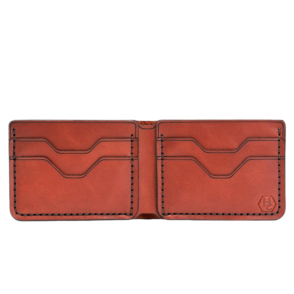 Handmade red brick leather bifold wallet, 4 card slots, open showing cards