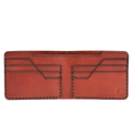 Handmade red brick leather bifold wallet, 6 card slots, open showing cards
