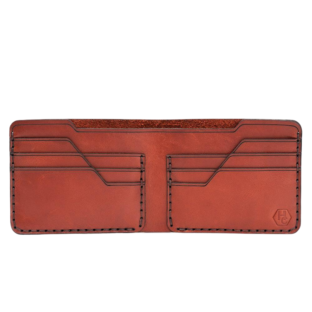Handmade red brick leather bifold wallet, 6 card slots, open showing cards