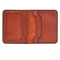Handmade red brick leather bifold wallet with ID slot, open showing cards