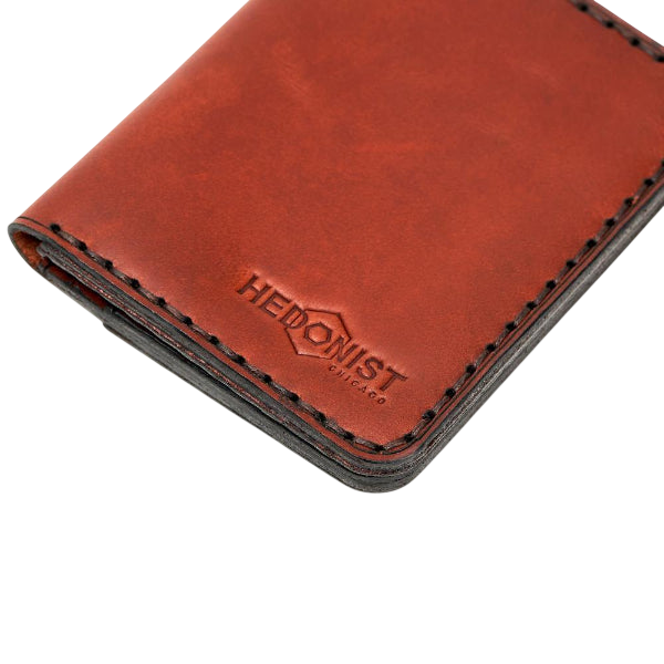 Handmade red brick leather bifold wallet with ID slot, by Hedonist Chicago