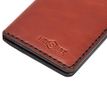 Handmade red brick leather card holder, 8 card slots fanned out view
