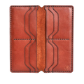 Handmade red brick leather card holder, 8 card slots, open showing cards