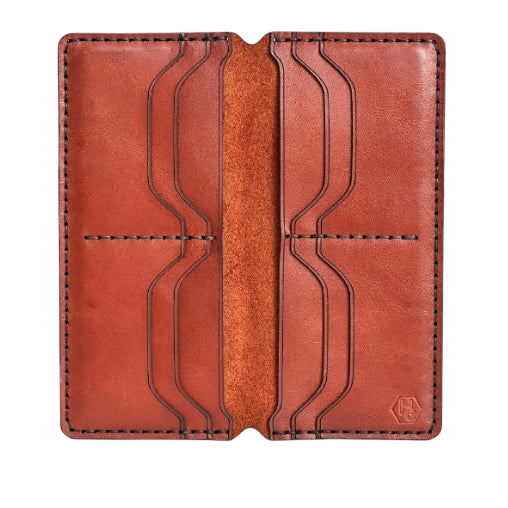 Handmade red brick leather card holder, 8 card slots, open showing cards