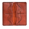 Handmade red brick leather card holder, 12 card slots, open showing cards