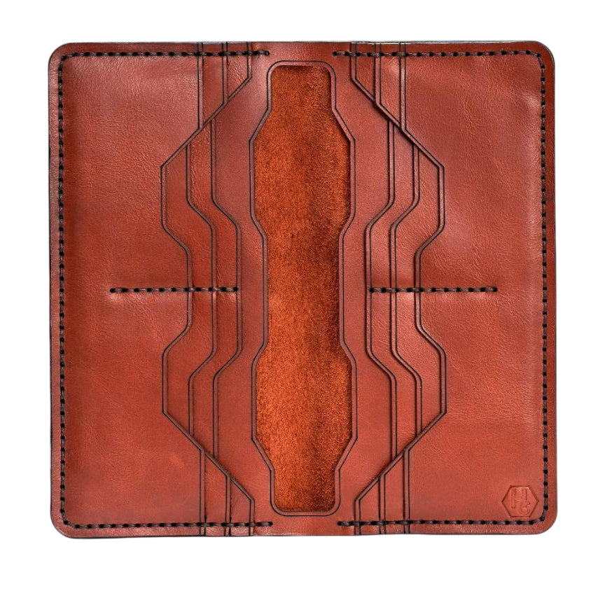 Handmade red brick leather card holder, 12 card slots, open showing cards