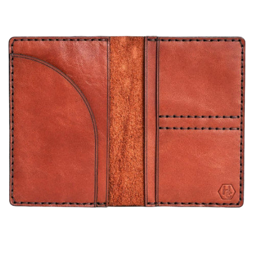 Hedonist Chicago brick passport case in brick, travel cover, full grain leather, detail view