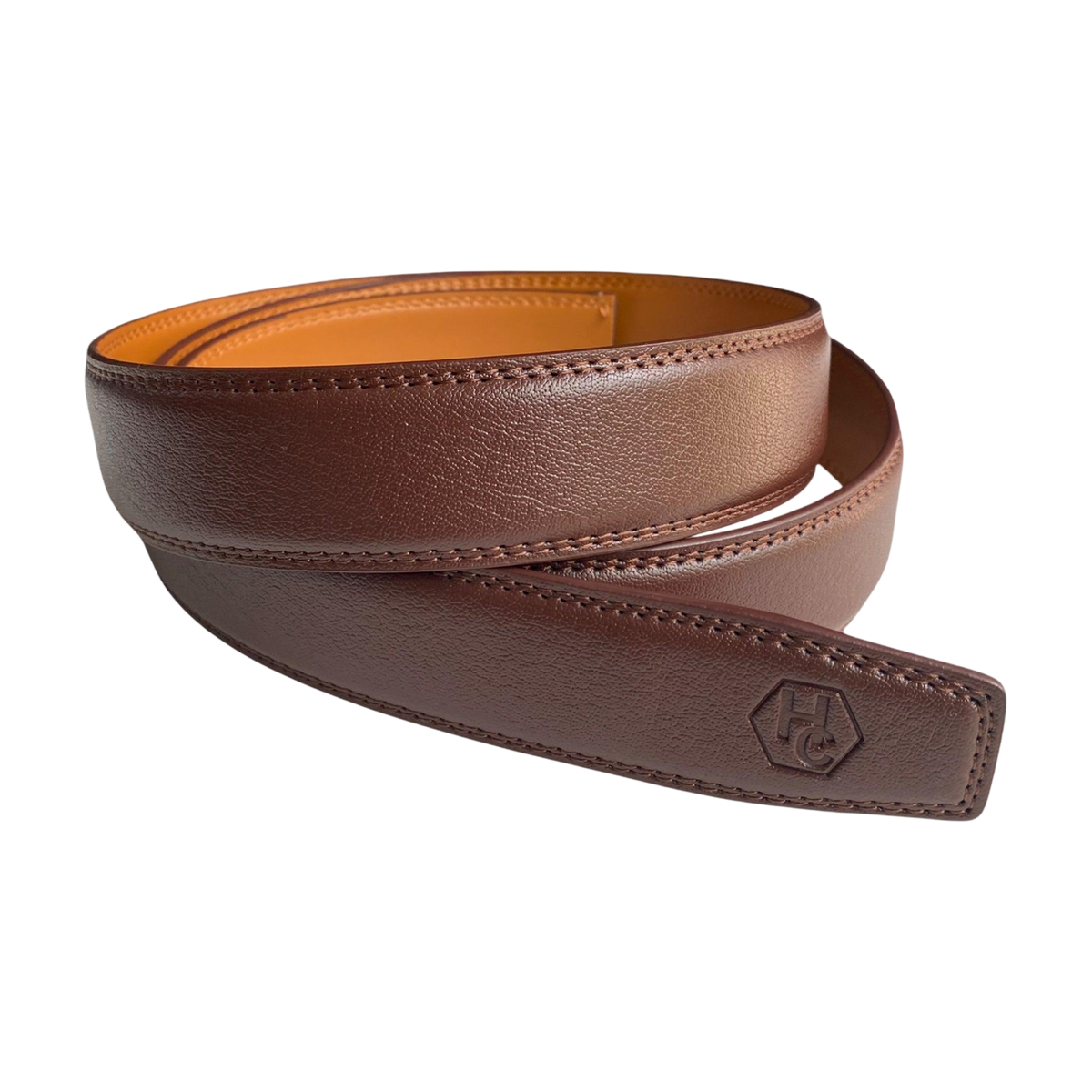 Red brown leather belt strap, 1.38 inch, monogram detail close-up