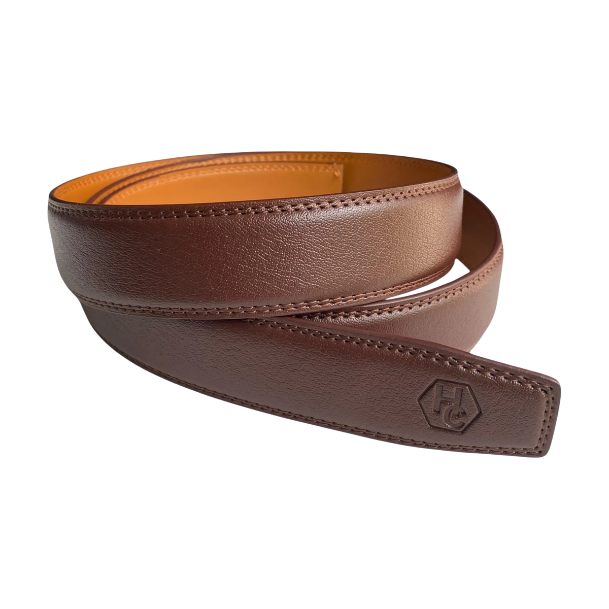 Red brown leather belt strap, 1.38 inch, monogram detail close-up