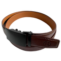 Red-brown leather ratchet belt with black buckle, buckle detail close-up