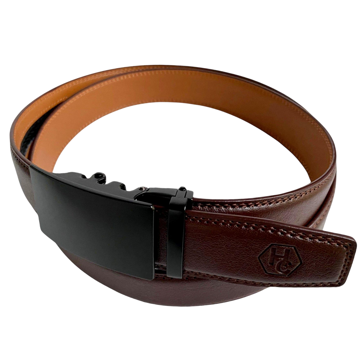 Red-brown leather ratchet belt with black buckle, buckle detail close-up