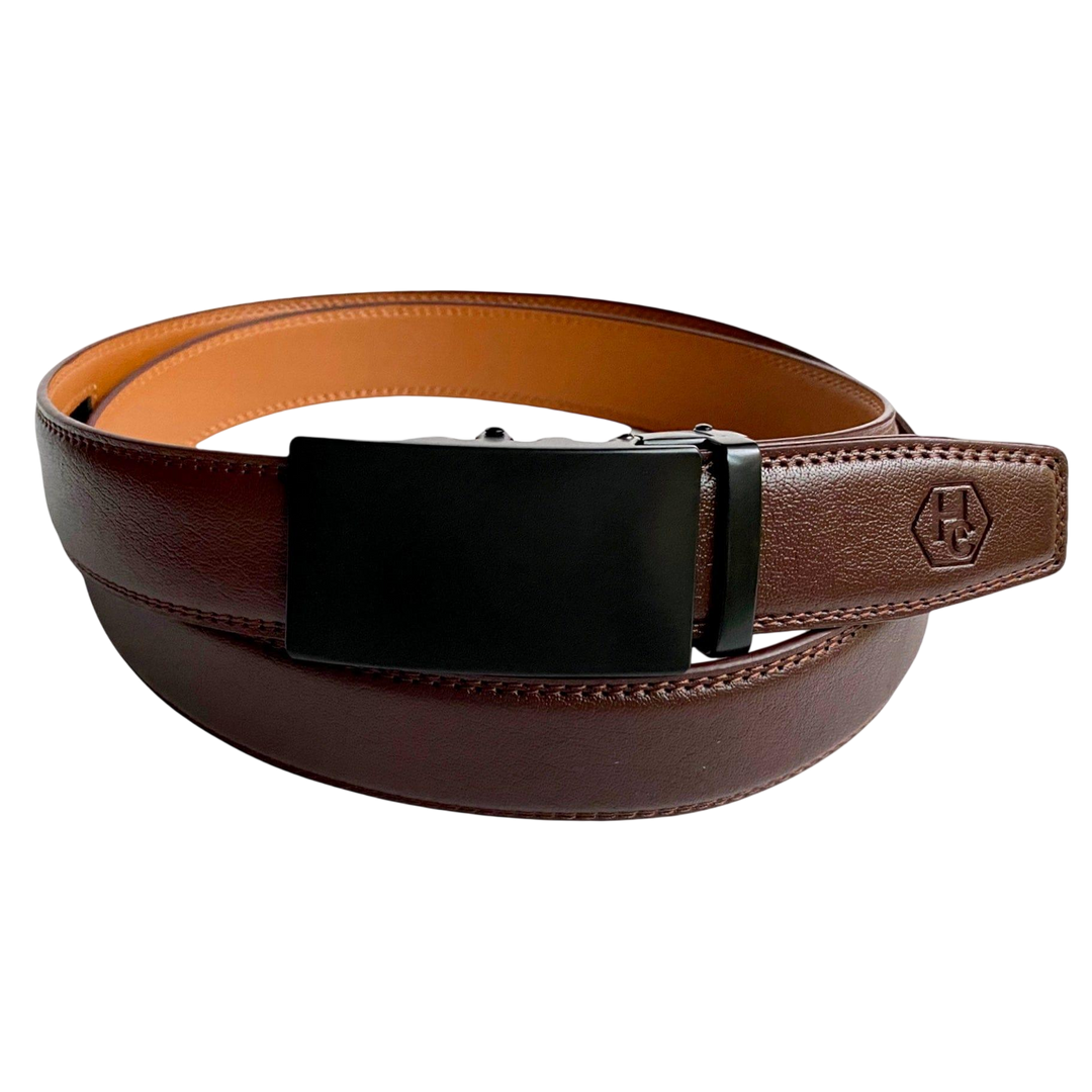 Red-brown leather ratchet belt with black buckle, front view