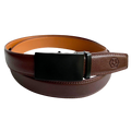 Red-brown leather ratchet belt with black buckle, front view
