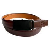 Red-brown leather ratchet belt with black buckle, front view