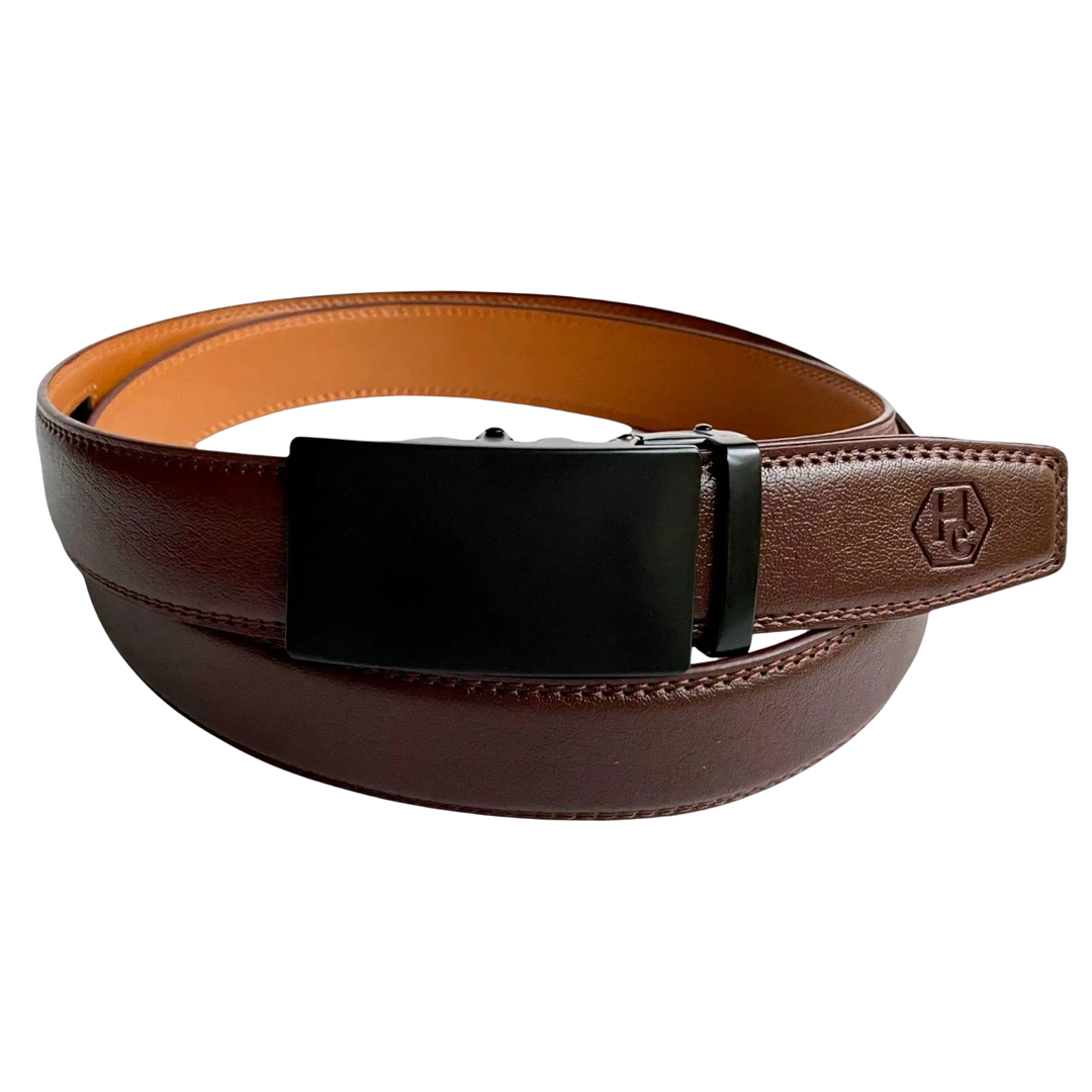 Red-brown leather ratchet belt with black buckle, front view