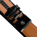 Red-brown leather ratchet belt with black buckle, hardware close-up
