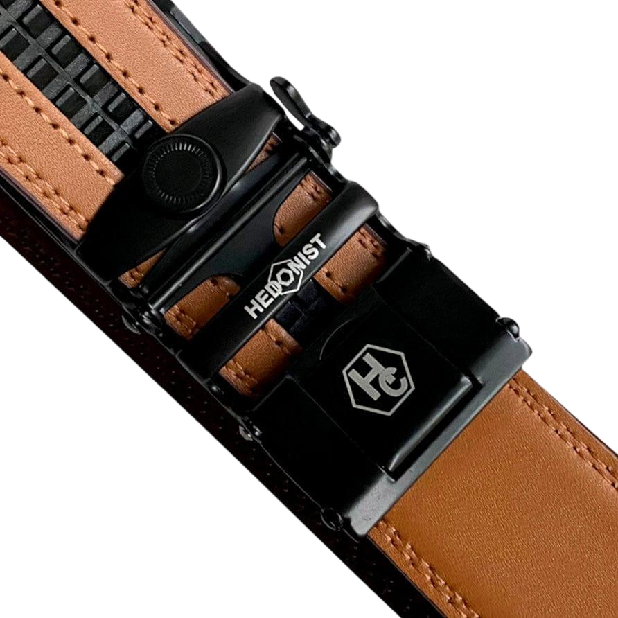 Red-brown leather ratchet belt with black buckle, hardware close-up