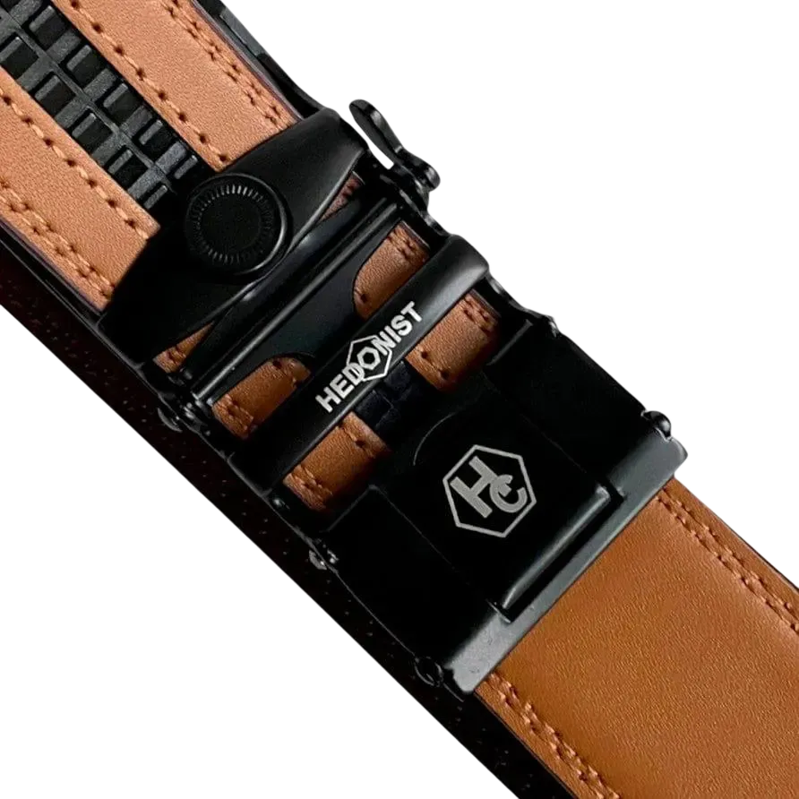 Red-brown leather ratchet belt with black buckle, hardware close-up