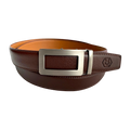 Red-brown leather ratchet belt with metal frame buckle, front view