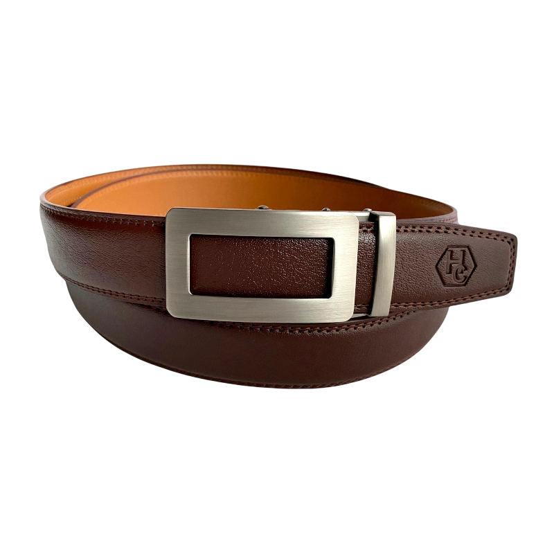 Red-brown leather ratchet belt with metal frame buckle, front view