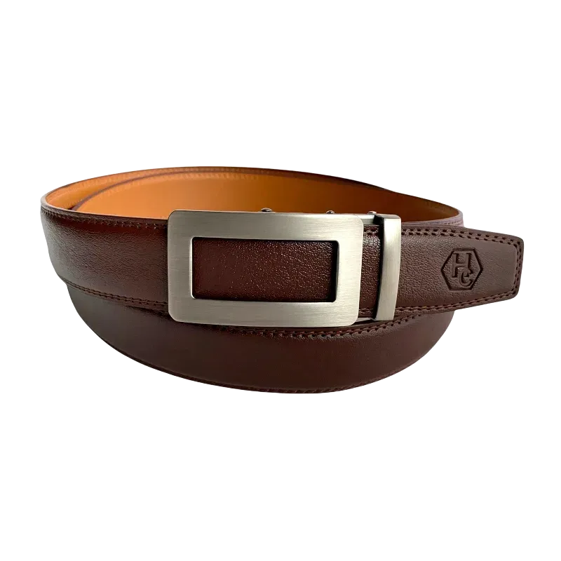 Red-brown leather ratchet belt with metal frame buckle, front view