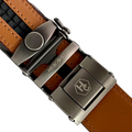 Red-brown leather ratchet belt with metal frame buckle, hardware close-up